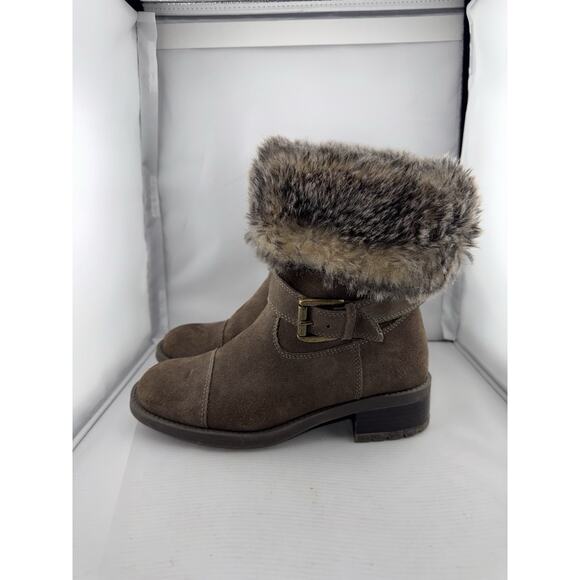 Cougar Winter Boots Women‎ 7M Taupe Suede Faux Fur Fold-Over Buckle Heel Franca - Picture 5 of 12